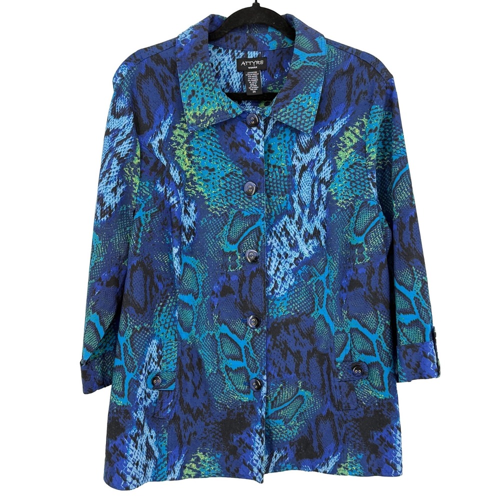 Attyre Woman Jacket 2X Blue Green Black Snakeskin Office Button Front Blazer